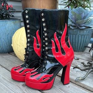 Size 8 Women’s Black w/ Red Flames 🔥 by Pleaser mid calf lace up platform boots
